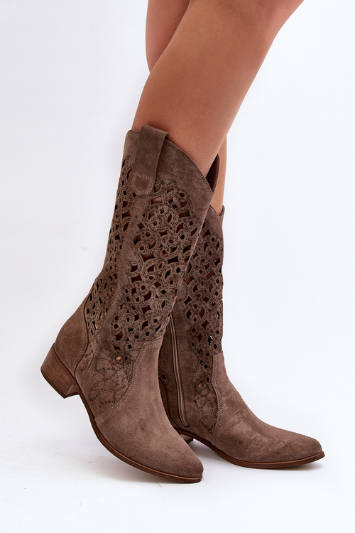 Zazoo 3403 Ażurowe Kozaki Damskie Na Niskim Obcasie Ciemnobeżowe