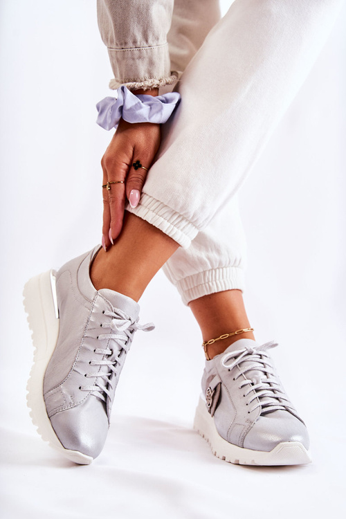 Skórzane Buty Sportowe Na Koturnie Maciejka 05492-11 Srebrne