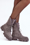 Zamszowe Sznurowane Botki Workery Z Futerkiem Szare Frendo 
