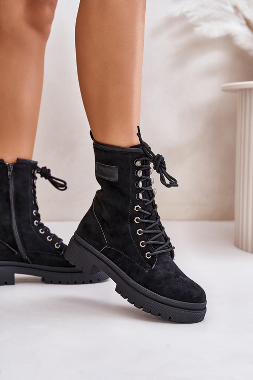 Botki Workery Damskie Na Zamek Z Eko Zamszu Czarne Savalann