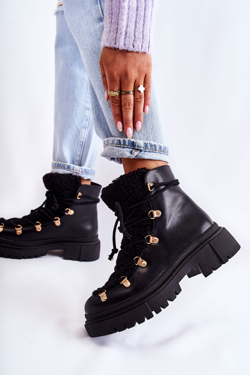 Skórzane Ocieplane Botki Trapery Czarne Arisa