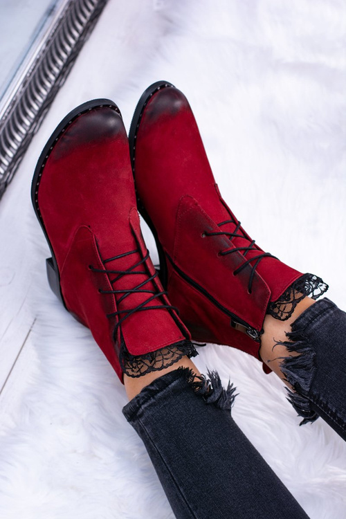 Skórzane Czerwone Damskie Botki Z Koronką Millano