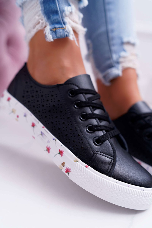 Damskie Trampki W Kwiaty Ażurowe Czarne Loriann