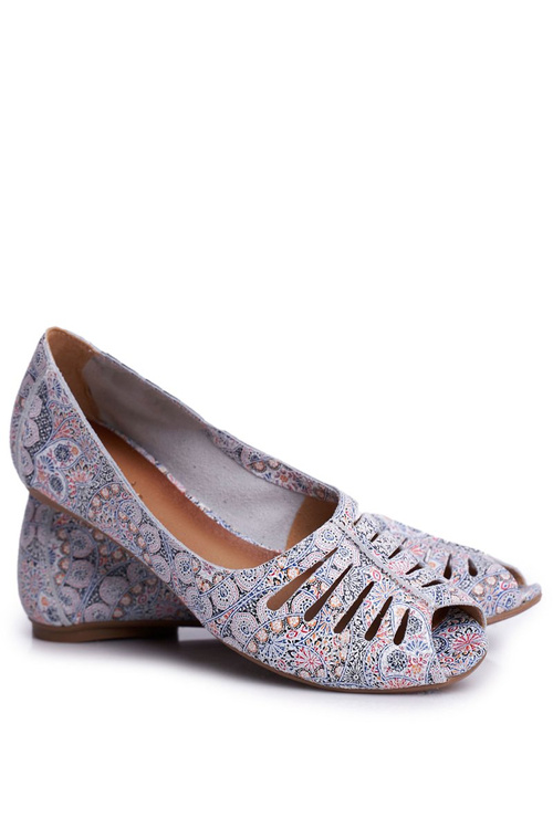 Baleriny Damskie Maciejka Skórzane Biało Niebieskie we wzory 03497-13