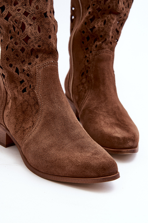Zazoo 3403 Ażurowe Kozaki Damskie Na Niskim Obcasie Brązowe