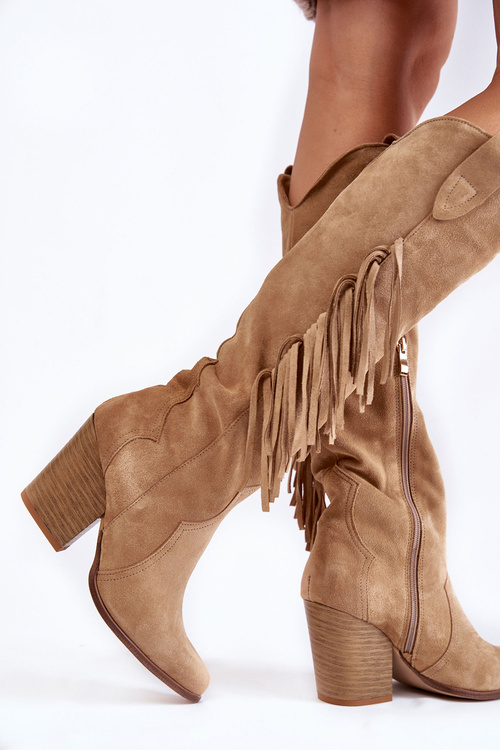 Damskie Zamszowe Kozaki Kowbojki Lewski 3094/F Ciemnobeżowe