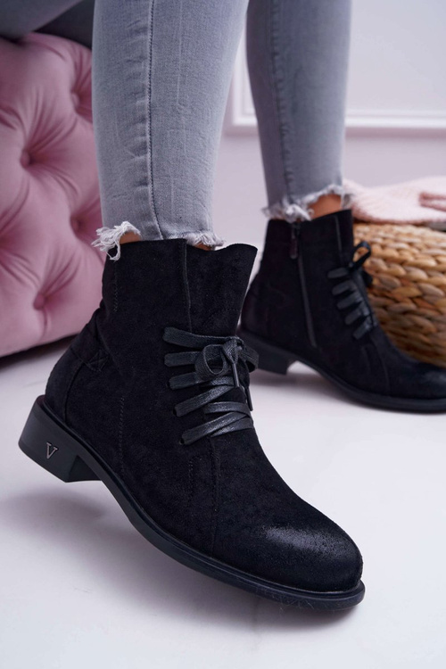 Botki Damskie Płaski Obcas Workery Czarne Teref