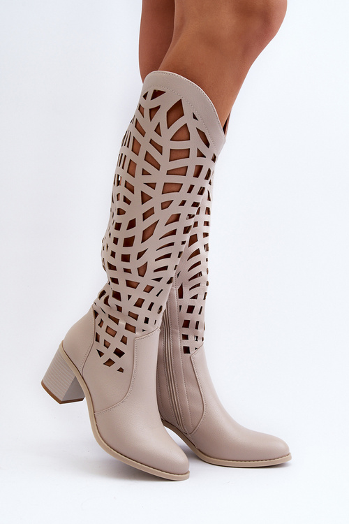 Ażurowe Kozaki Na Obcasie Beżowe Pinkema