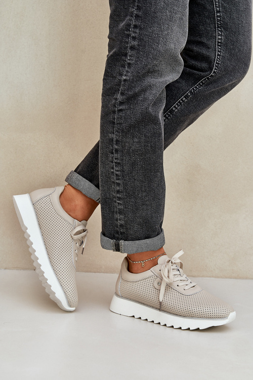 Skórzane Buty Sportowe Na Platformie Z Brokatem D&A LR51-629 Beżowe