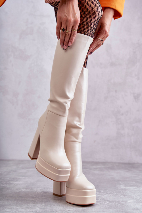 Modne Skórzane Kozaki Na Masywnym Obcasie Beżowe Meggie