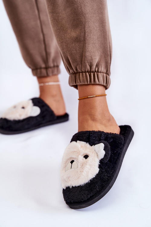 Damskie Futrzane Papcie Z Misiem Czarne Solly