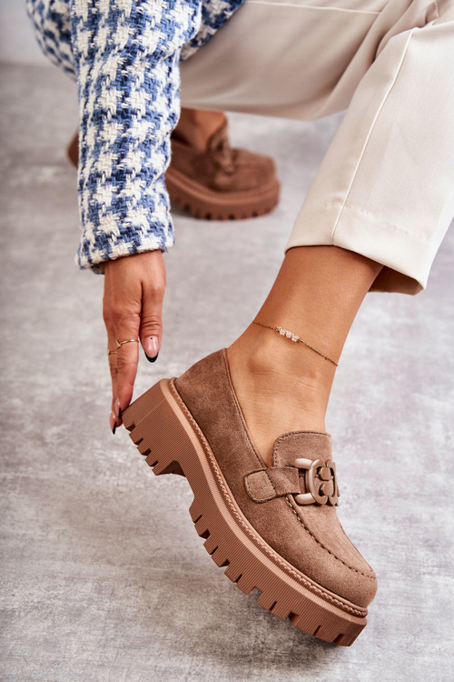 Damskie Półbuty Zamszowe Z Ozdobą Ciemnobeżowe Leeza