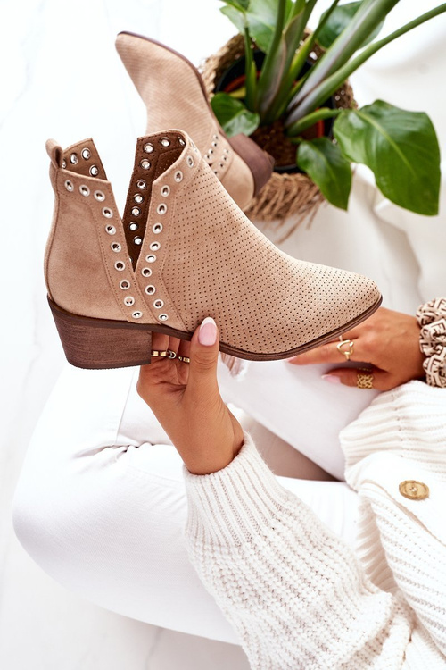 Ażurowe Botki Z Wycięciami Beżowe Western