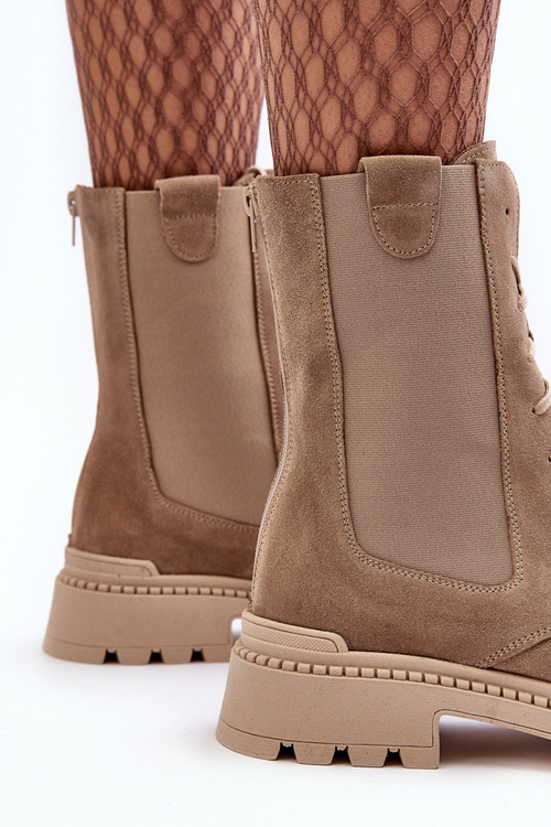 Zamszowe Damskie Botki Workery Sznurowane Beżowe Nicole 2836