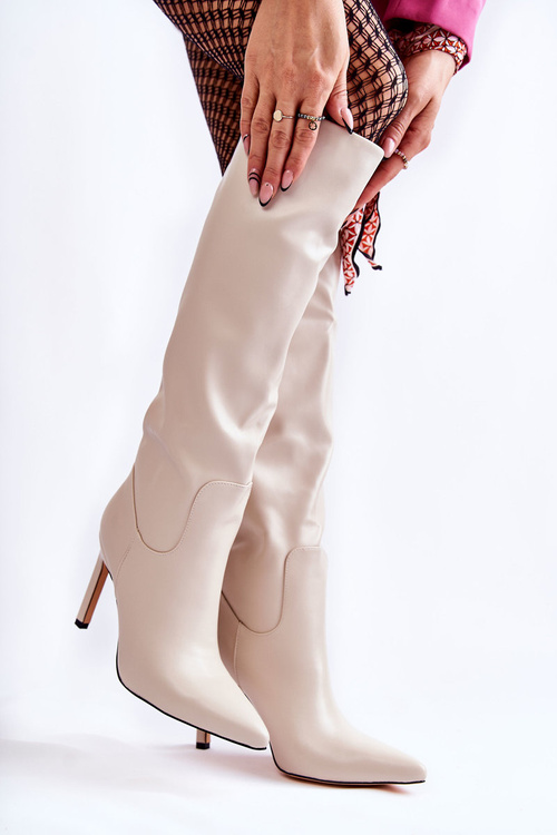 Skórzane Kozaki Na Szpilce Beżowe Rissa