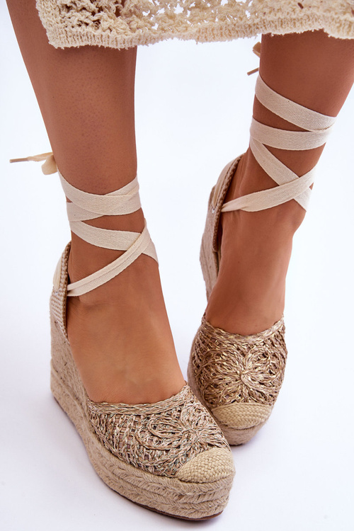 Wiązane Damskie Sandały Na Koturnie Beżowe Josephine