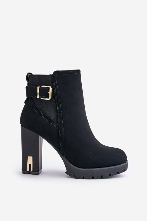 Botki Damskie Ze Złotą Klamrą Na Słupku Ocieplane Czarne Erilanes