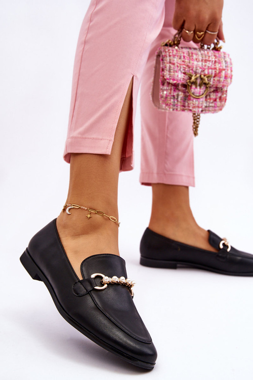 Damskie Skórzane Mokasyny Z Ozdobnymi Perełkami Czarne Ishan