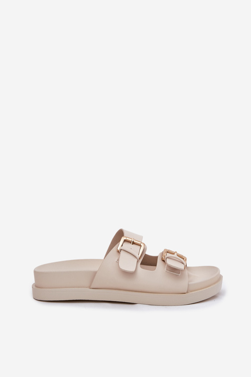 Klapki Damskie Ze Złotymi Klamrami Beżowe Sonarea