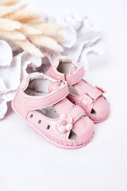 Dziecięce Skórzane Sandałki Na Rzepy Różowe Flowers