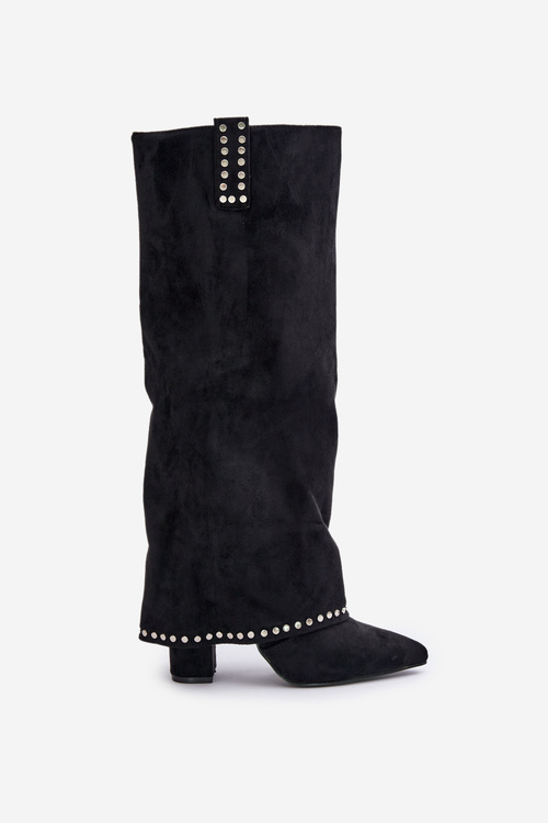 Kozaki Damskie Z Wywiniętą Cholewką Na Słupku Czarne Kaithena