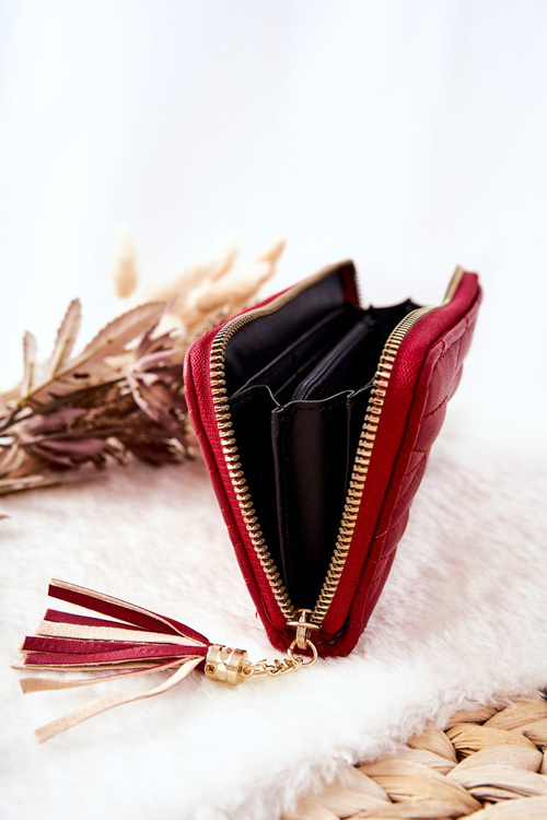 Duży Portfel Pikowany Na Suwak Z Paseczkiem Czerwony