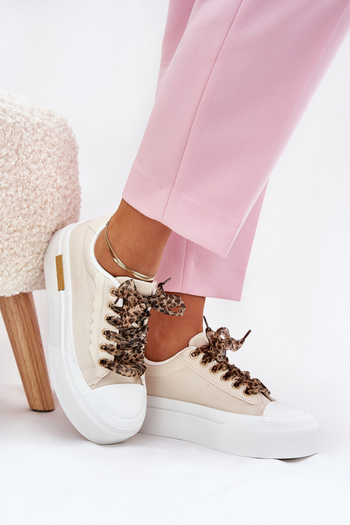 Trampki Damskie Na Masywnej Platformie Z Ozdobnym Sznurowaniem Beżowe Zidora