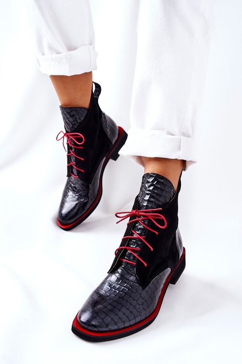 Skórzane Botki Wzór Aligatora Czarne Laorelia