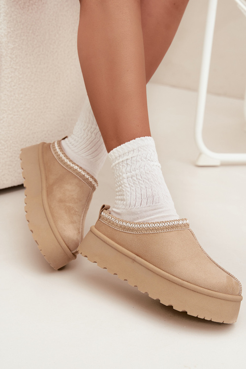 Niskie Śniegowce Damskie Z Haftem Na Platformie Jasnobeżowe Narirya