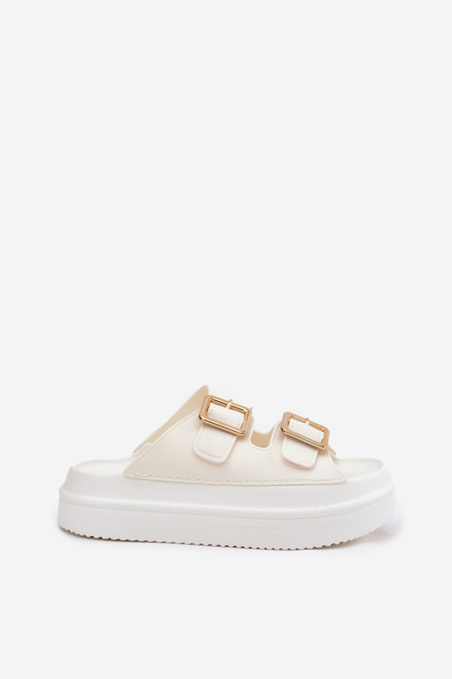Klapki Damskie Na Platformie Ze Złotymi Klamrami Ecru Zorila