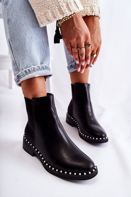 Skórzane Botki Sztyblety Z Perełkami Czarne Jilanna