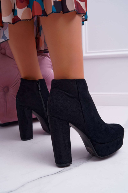 Botki Damskie na Słupku Platformie Zamszowe Czarne Celinne