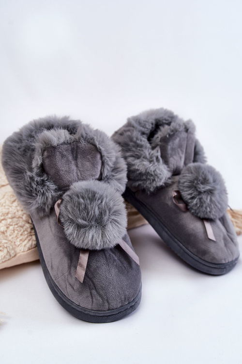 Damskie Wsuwane Futrzane Papcie Z Pomponem Szare Noemi