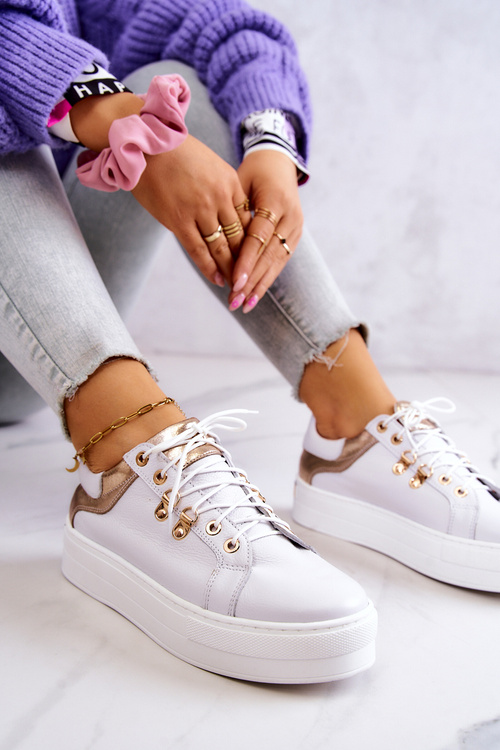 Skórzane Buty Sportowe Na Platformie Białe Mary Ann