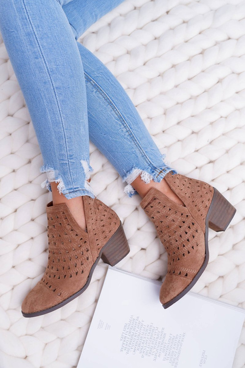 Botki Damskie Na Słupku Ażurowe z Wycięciami Brązowe Mediolan