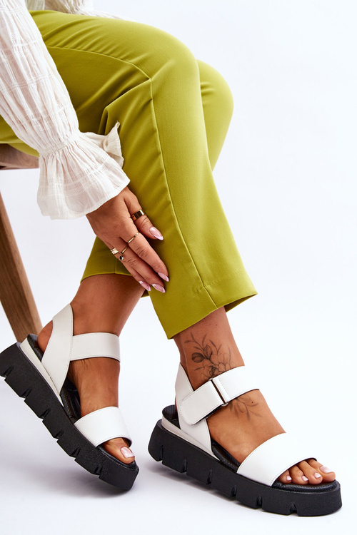 Damskie Skórzane Sandały Na Platformie Białe Katte