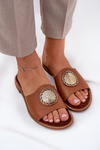 Zazoo 2938 Skórzane Klapki Na Płaskim Obcasie Z Ozdobą Camel