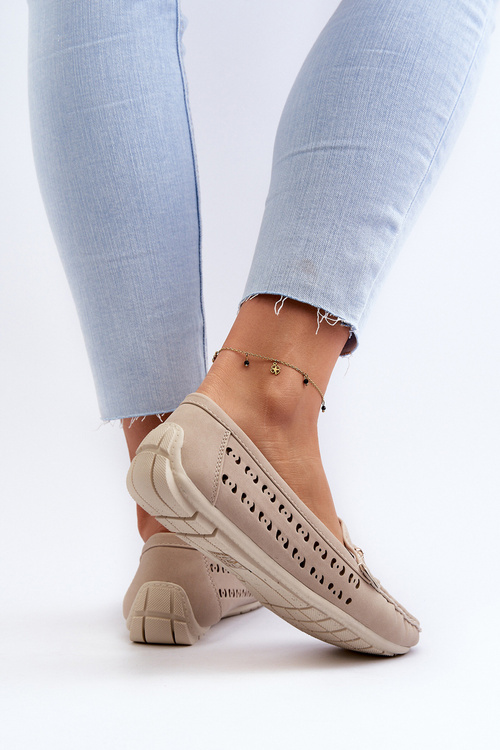 Mokasyny Damskie Ażurowe Z Ozdobą Beżowe Kaydance