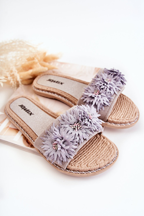 Damskie Klapki Z Materiałowymi Kwiatami Szare Susana