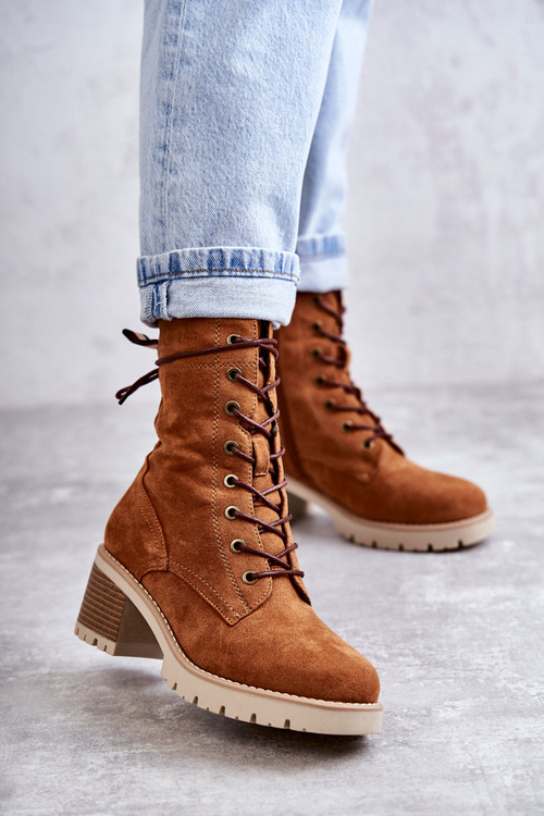 Damskie Ocieplane Botki Trapery Na Obcasie Camel Julieta