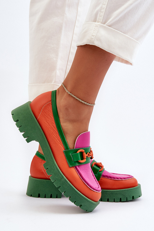 Mokasyny Skórzane Damskie Z Ozdobą CheBello 4444 Pomarańczowe