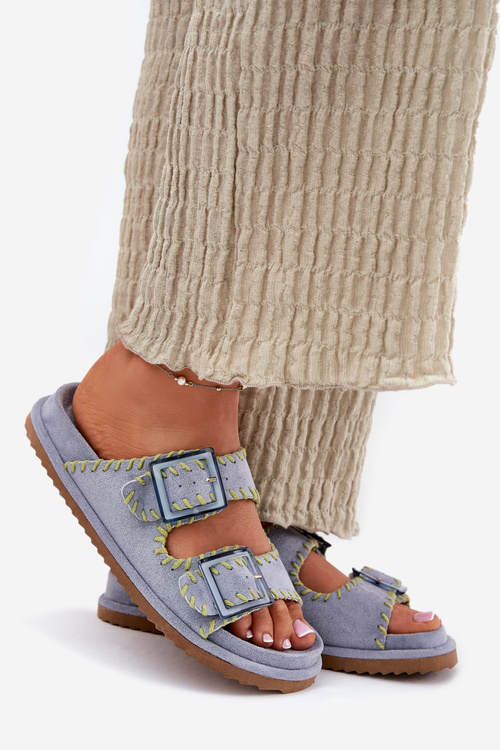 Klapki Damskie Z Klamrami I Ozdobnym Obszyciem Niebieskie Visley