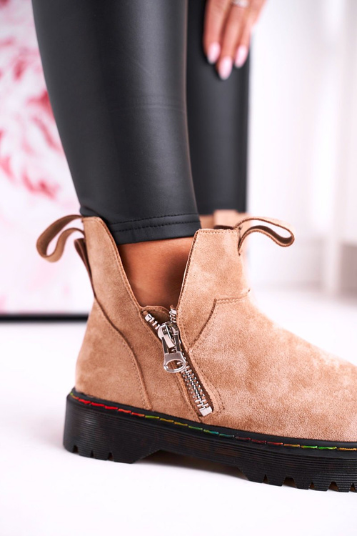 Damskie Botki Sztyblety Z Kolorowym Przeszyciem Zamszowe Beżowe Addison