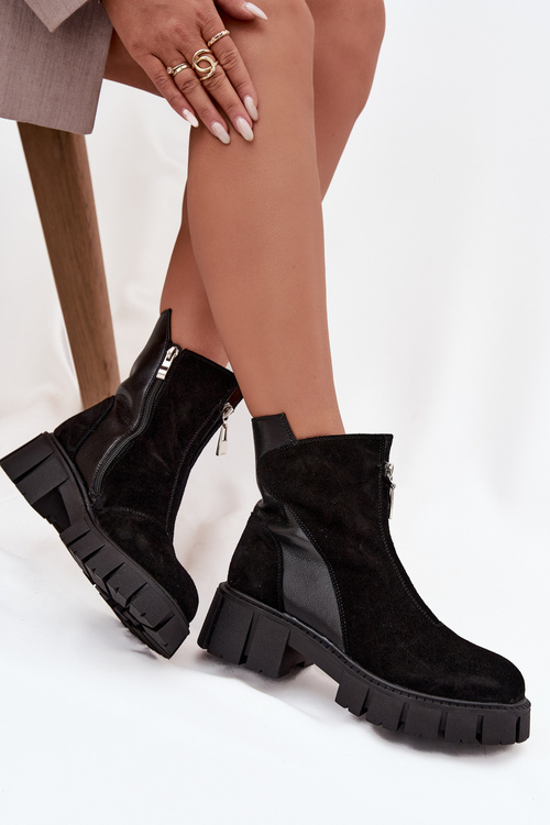 Botki Damskie Z Naturalnego Zamszu Ocieplane D&A JC52-874 Czarne