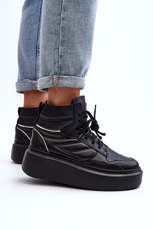 Zazoo 3392/X Damskie Skórzane Buty Sportowe Na Platformie Czarne