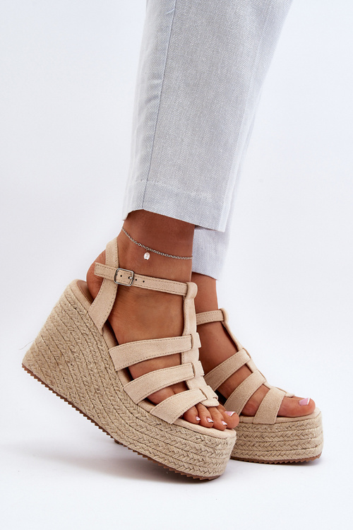 Sandały Na Koturnie Z Plecionką Beżowe Gnosis