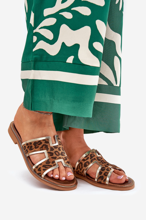 Skórzane Płaskie Klapki W Panterkę Zazoo 40383 Brązowe