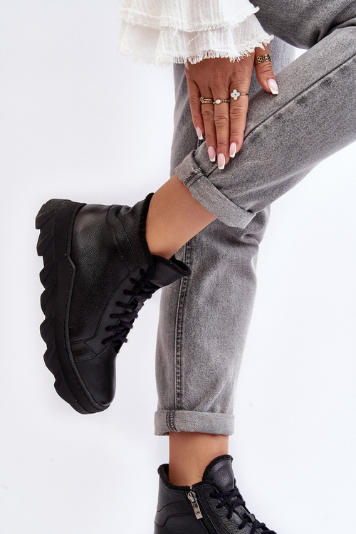 Ocieplane Skórzane Botki Damskie Na Platformie Czarne Lemar Jevette