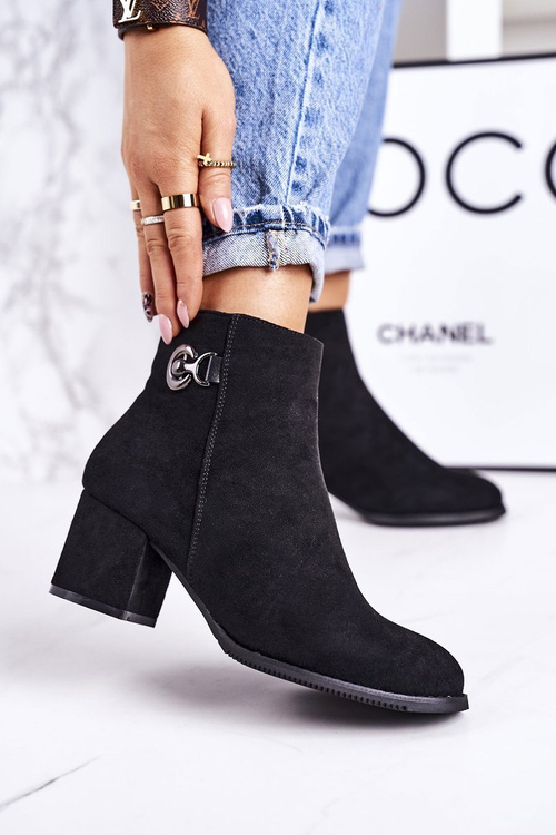 Klasyczne Damskie Ocieplane Botki Na Słupku Czarne Success