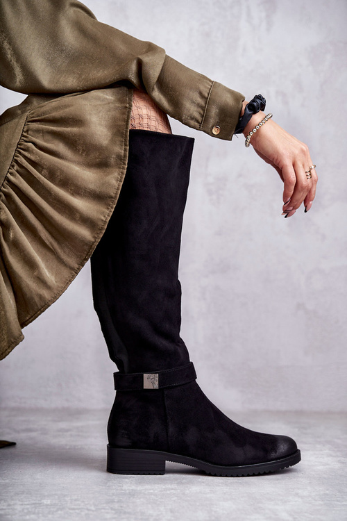 Zamszowe Damskie Kozaki Na Płaskim Obcasie Czarne Henrike